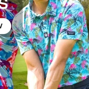 OUT OF BOUNDS Tropical Print Golf Shirt Blue Pink & Black sz medium